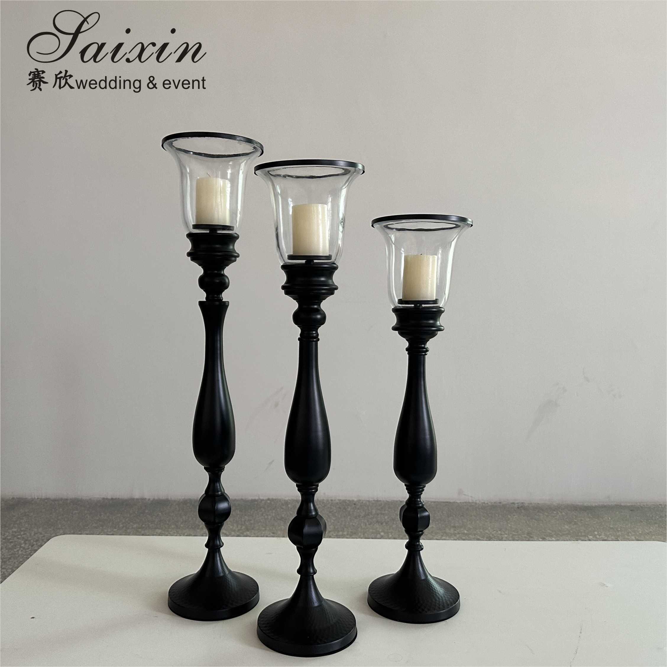 Saixin new design 3 pcs set black metal candle holder for wedding table decoration