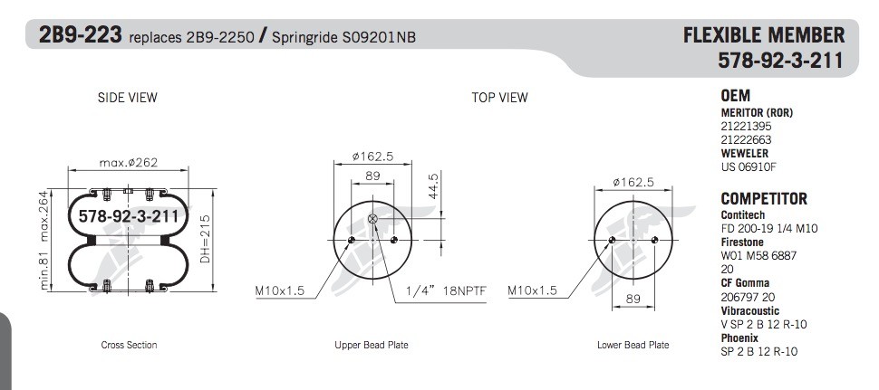 2B9-223 Goodyear Air Spring Replaces 2B9-2250 Contitech FD 200-19 1/4 M10