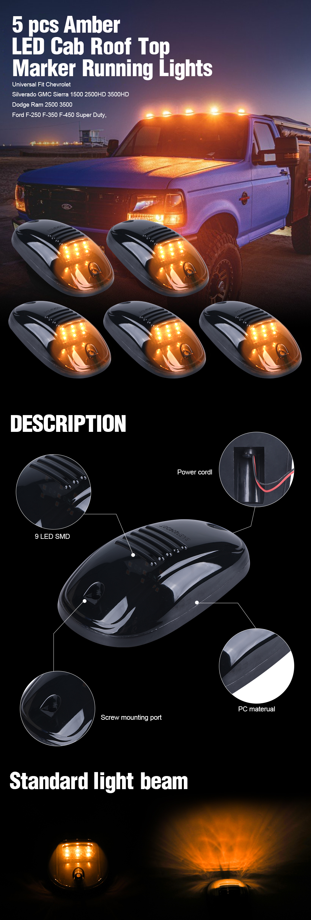 Amber Led Roof Marker Lights 5Pcs Smoke Lens Ford 1999-2016 F150 F250