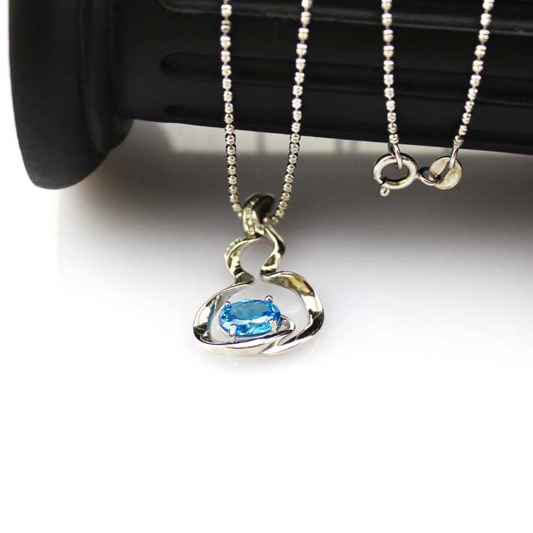 925 Silver Bead Chain Oval 6x8mm Blue Cubic Zircon Pendant Necklace(P34)