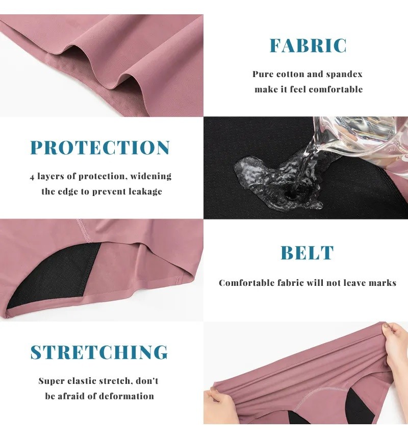 Mid Waist Breathable Period Panties For Teenagers 4 Layers Menstrual Seamless