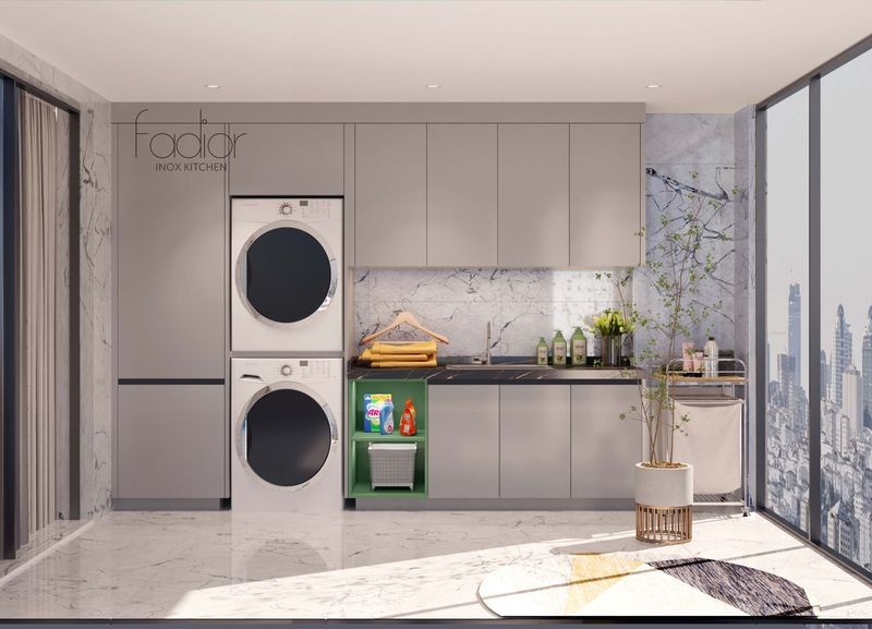 Light Gray Stainless Steel Balcony Storage Unit With Lotus Green Open Cabinet