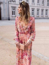 Long Sleeve Floral Casual Dress OEM Polyester V Neck Maxi Dresses