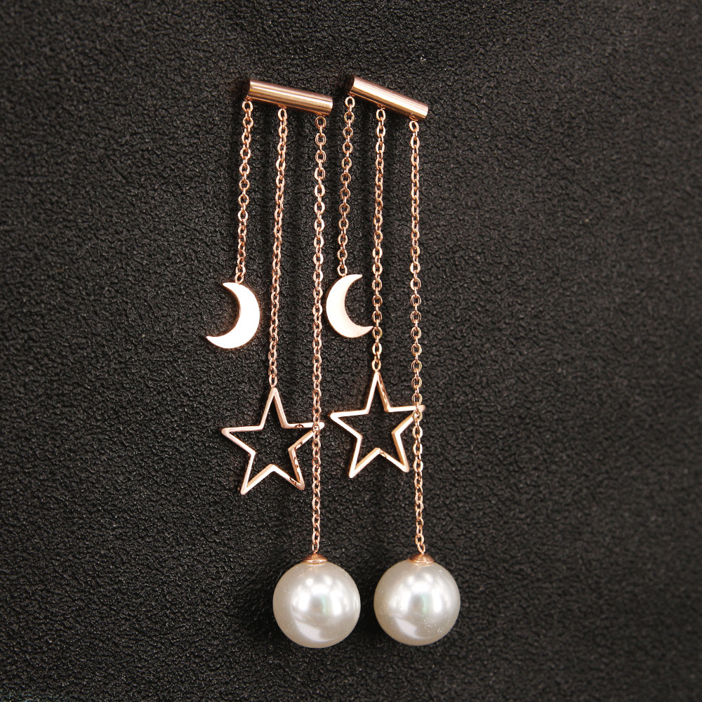 Fashion jewelry moon star hanging pearl earring rose gold stud earring sets