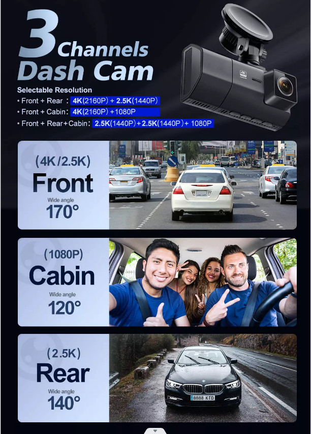 4K IMX335 Night Vision Vehicle Black Box Dash Cam 1080P 2 Inch 3 IN 1 DVR