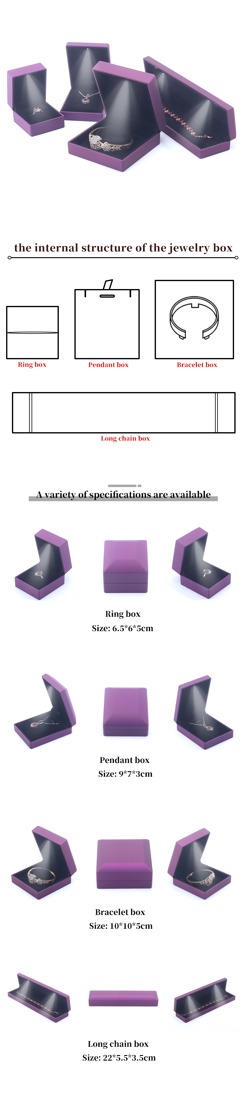 Custom Logo Rectangle Purple LED Jewelry Box for and Retail in Rectangle Shape