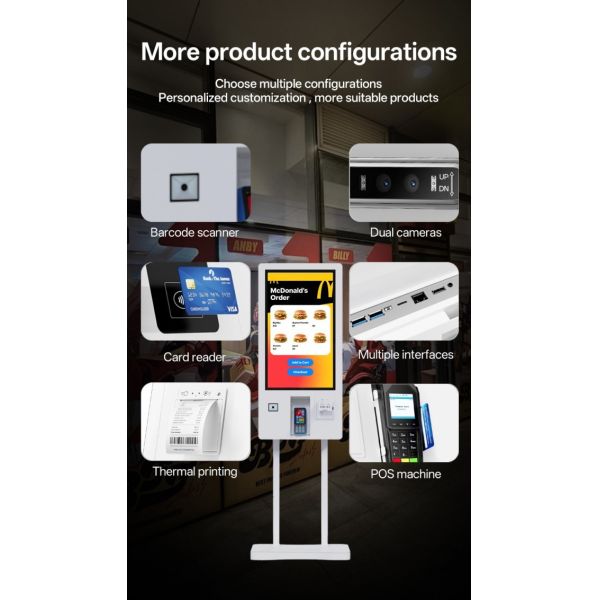 32 Inch Vertical White Pos Machine Self Service Ordering Kiosk Food Vending Machine For Shopping Mall Restaurant