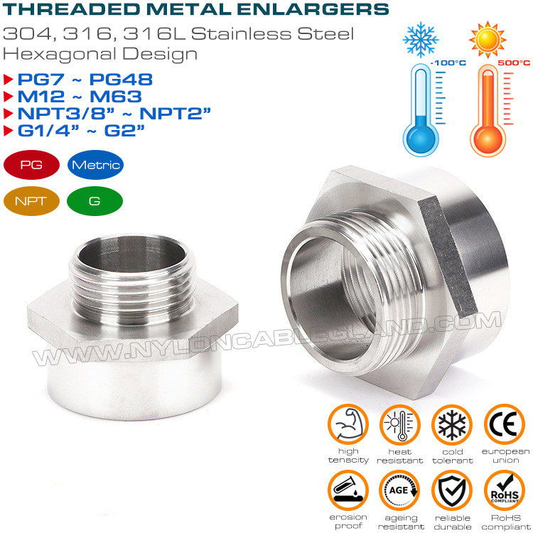 Hex Enlargers / Round Enlargers Metal (Brass, Stainless Steel) Male to Female Thread PG7~PG48, M12~M63, NPT3/8~NPT2 and G1/4~G2
