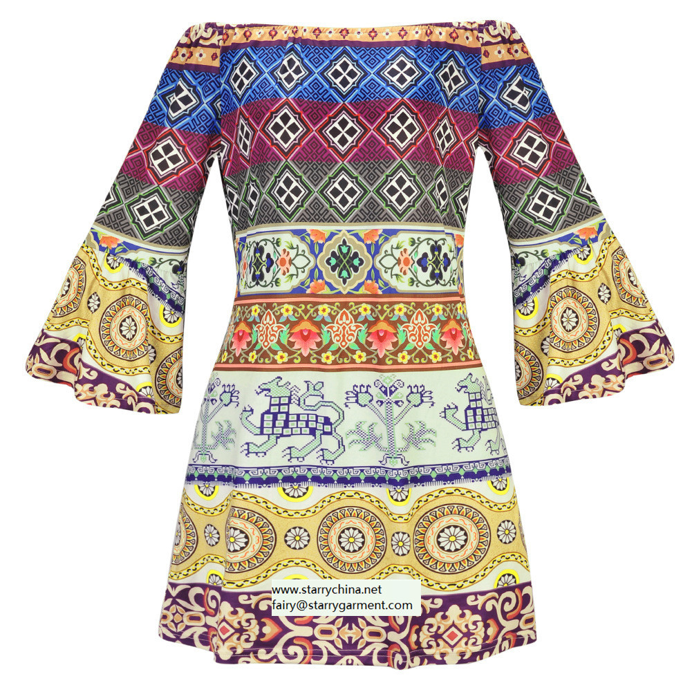 strapless short printed women dress with pattern design in puff sleeve