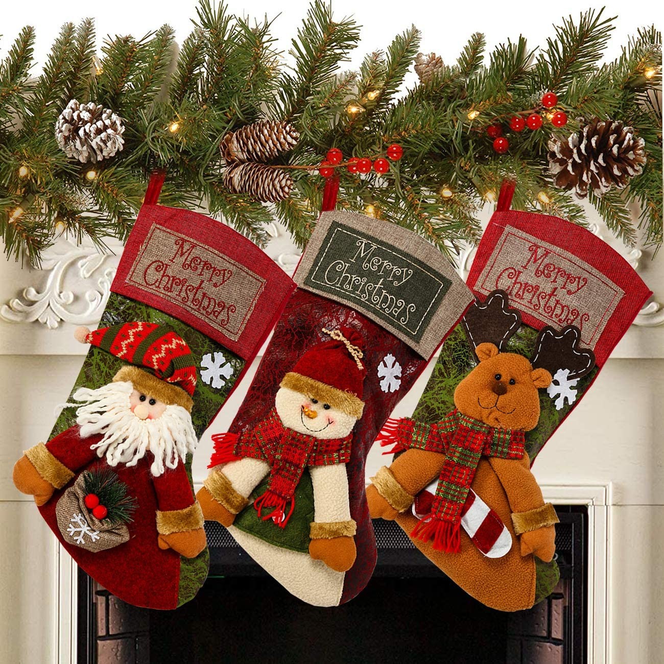 3PCS 18" Christmas Stocking Classic Large Stockings Santa, Snowman, Reindeer Xmas Character for Family Holiday Christmas