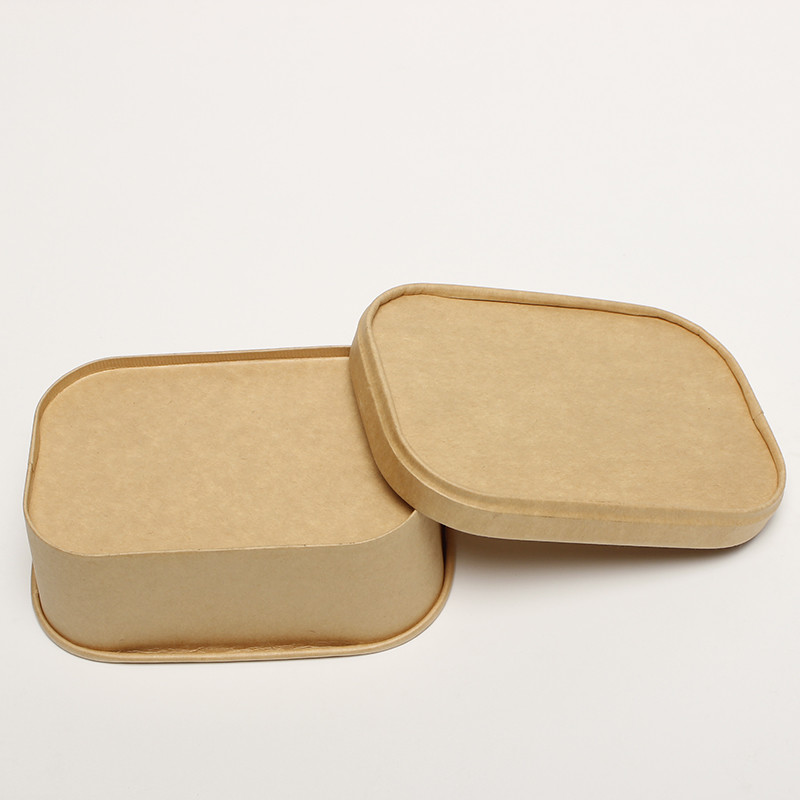 500ml Rectangle Kraft Paper Salad Bowl With Lid Biodegradable Food Grade