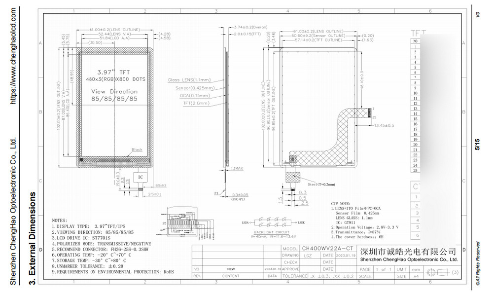 4 Inch TFT LCD Capacitive Touch Screen 480*800 25pin 2 Lane MIPI DSI