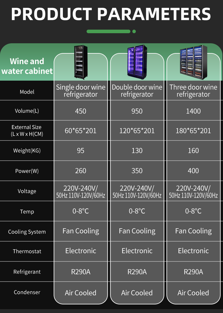 Weight KG 95-160kg Glass Wine Display Cooler with Double Doors and Air Cooling System