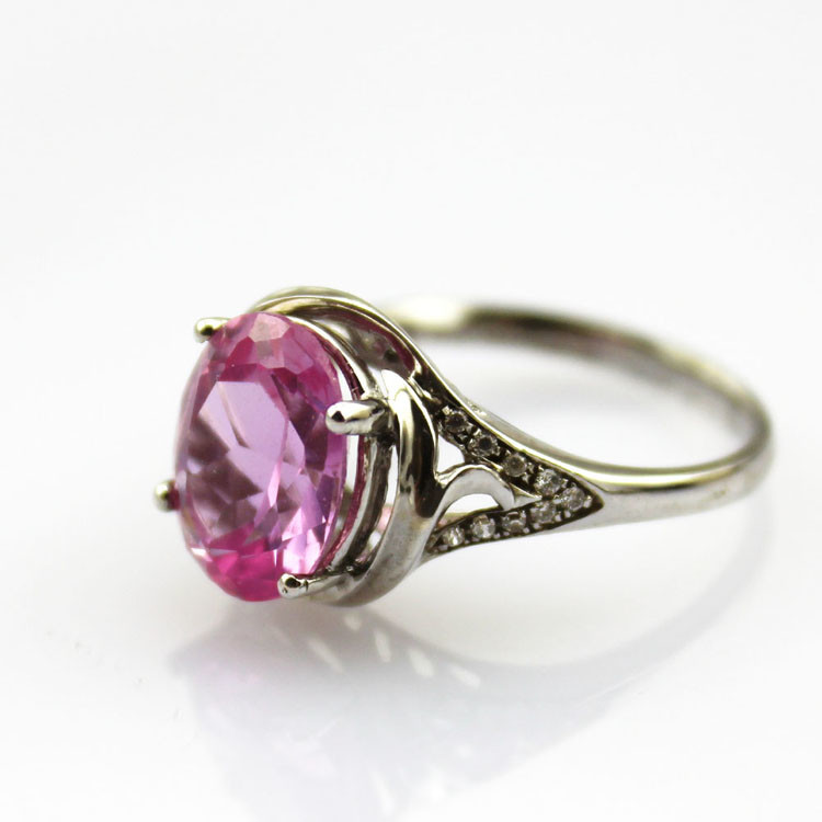 White Gold Plated 925 Silver with 9x11m Oval Pink Cubic Zircon Ring(R177)