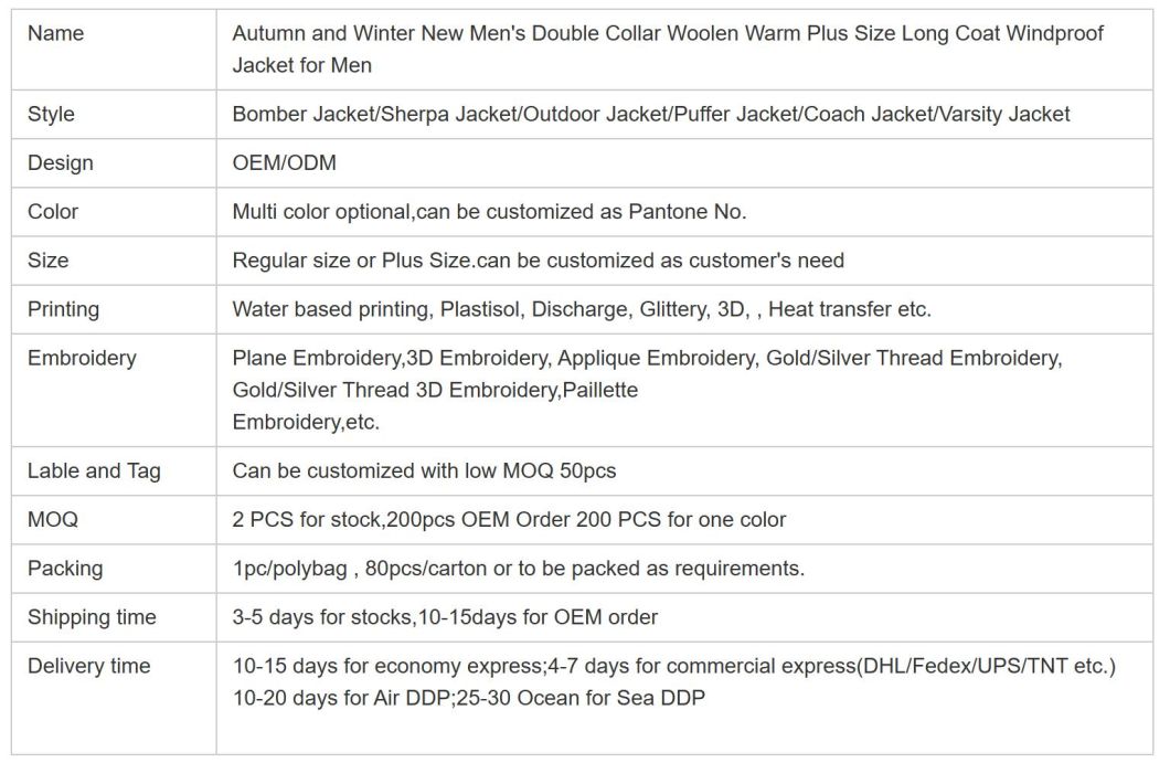 Autumn and Winter New Men&prime;s Double Collar Woolen Warm Plus Size Long Coat Windproof Jacket for Men