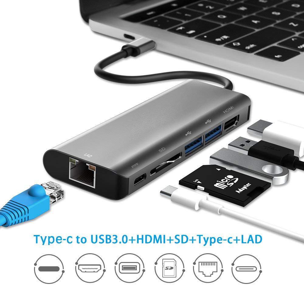USB C Hub 6 in 1 Macbook Type C Hub With Pass-through Charging SD/Micro SD Card Reader 2 USB3.0 Ports and 4K Slot