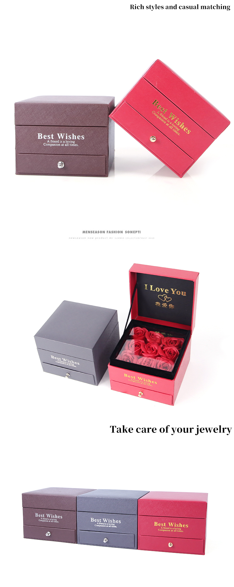 Customized Size Luxury Square Jewelry Box Jewellry Gift Wrapping Box With Rose