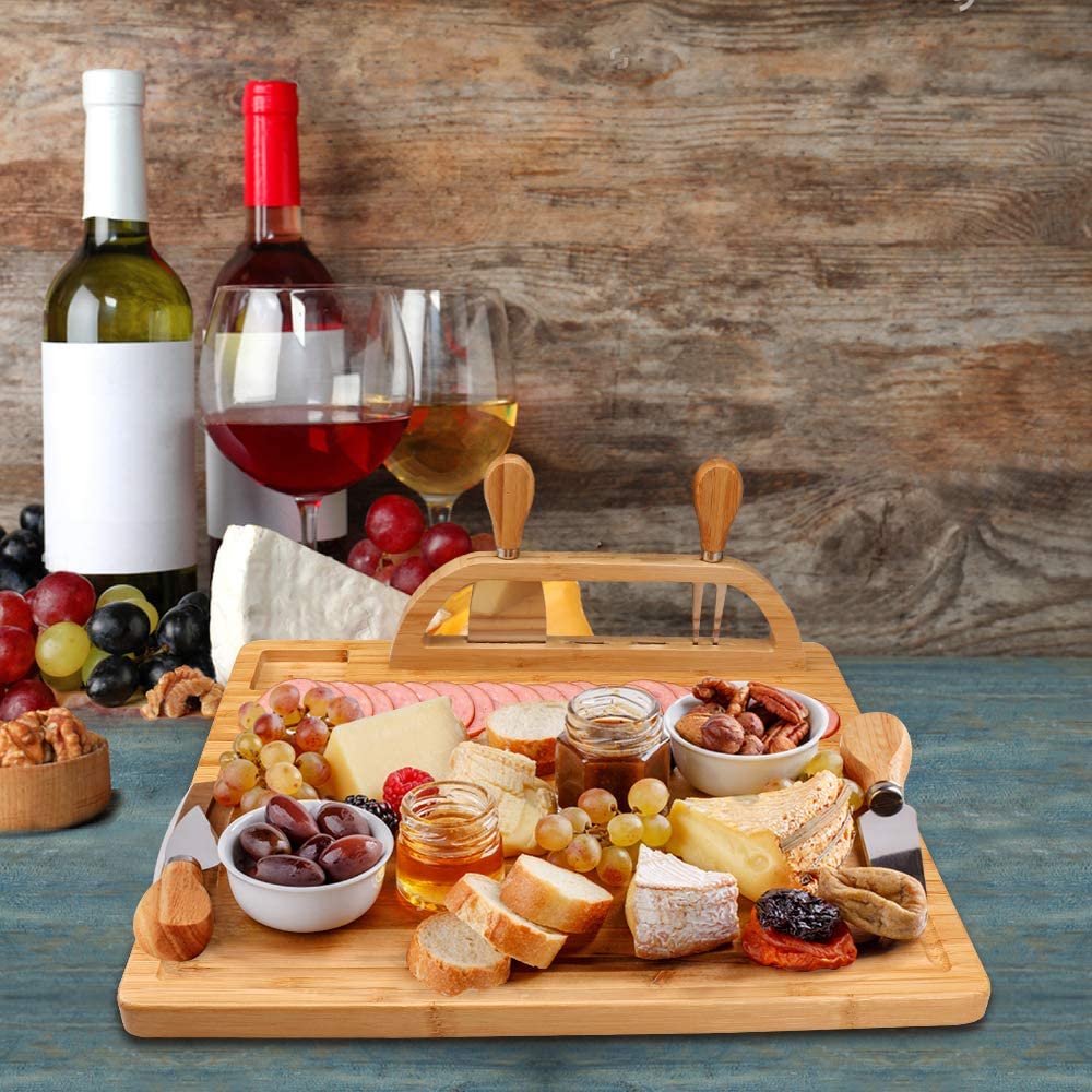 Bamboo Cheese Board Set with Cutlery Drawer Rectangle Bamboo Plate and Cheese Knife Set