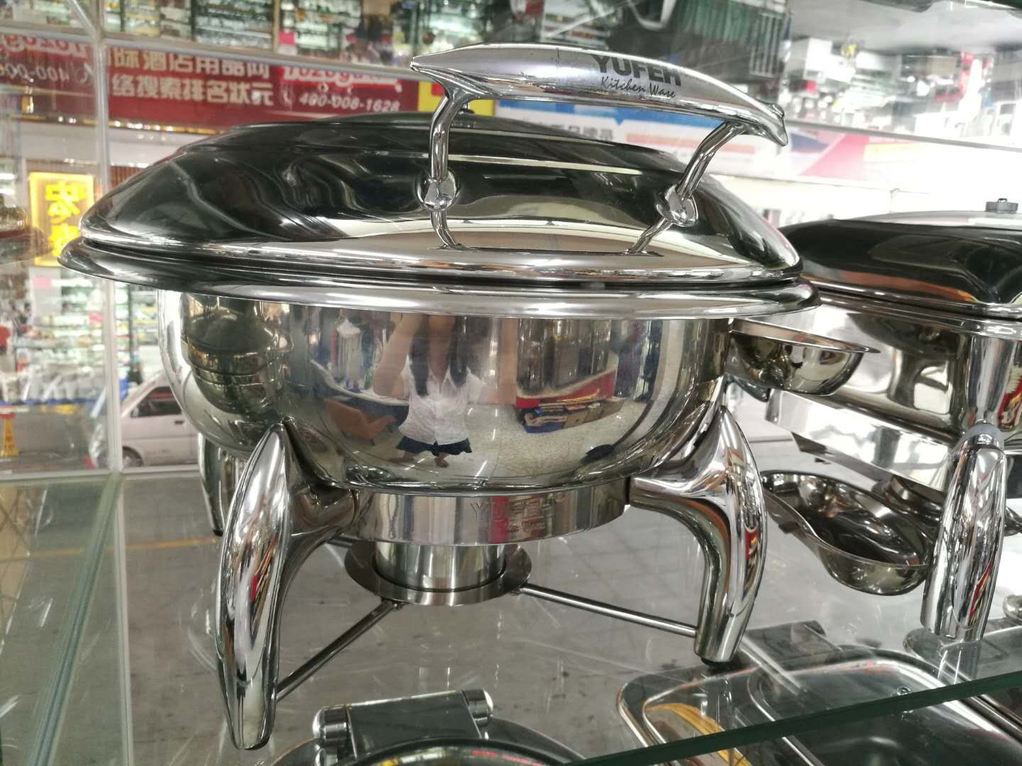 Round Chafing Dish Hydraulic Lid with Glass Window Optional φ35cm 6.0Ltr Food Pan Stainless Steel Cookwares