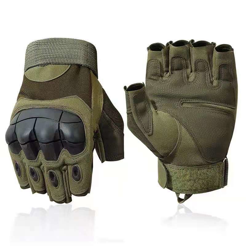Green Khaki Black Leather PU Half Finger Tactical Gloves Nylon
