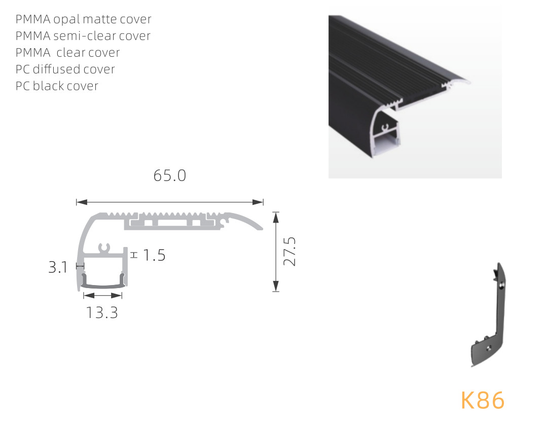 6063 T5 PC PMMA Aluminium Led Profile H27.5mm Led Strip Aluminium Extrusion