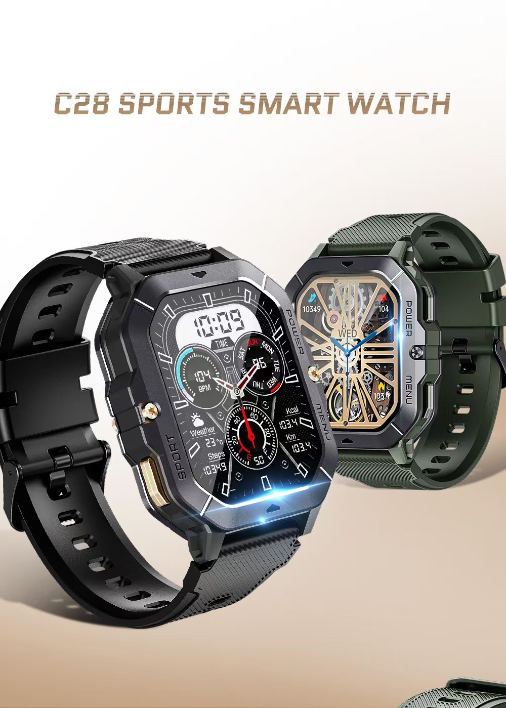 C28 Men Sports Smart Watch 2.02inch Large Memory 410mAh Battery 1ATM Waterproof