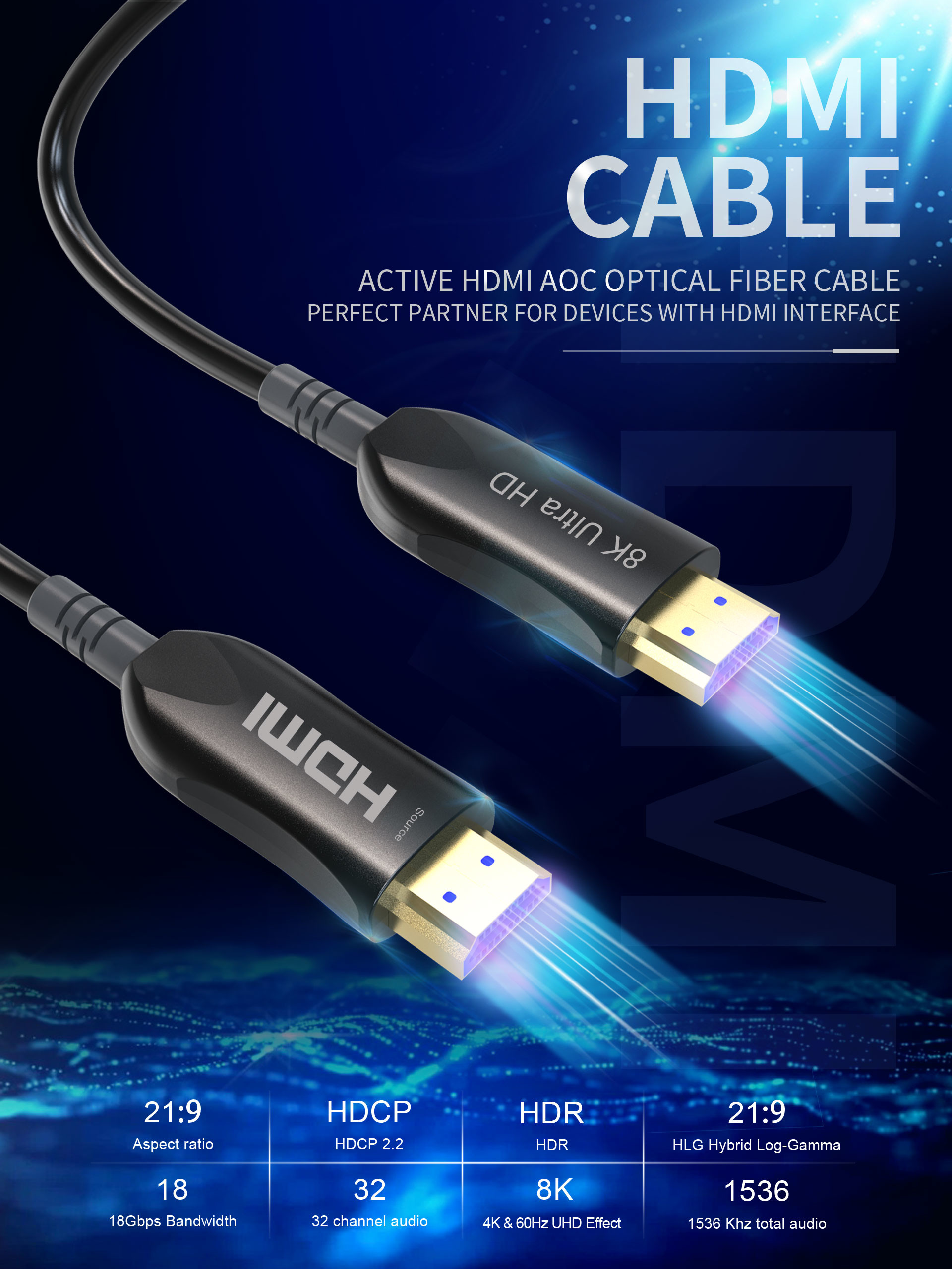 AOC 4K@60HZ HDMI Fiber Optical HDMI Cable HDR ARC HDCP2.2 4K 50ft 60Hz