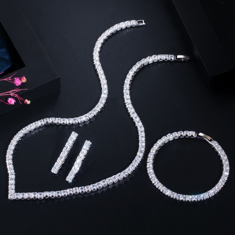 White Gold Color Luxury Bridal CZ Crystal Necklace and Earring Sets Big Wedding Jewelry Sets For Brides