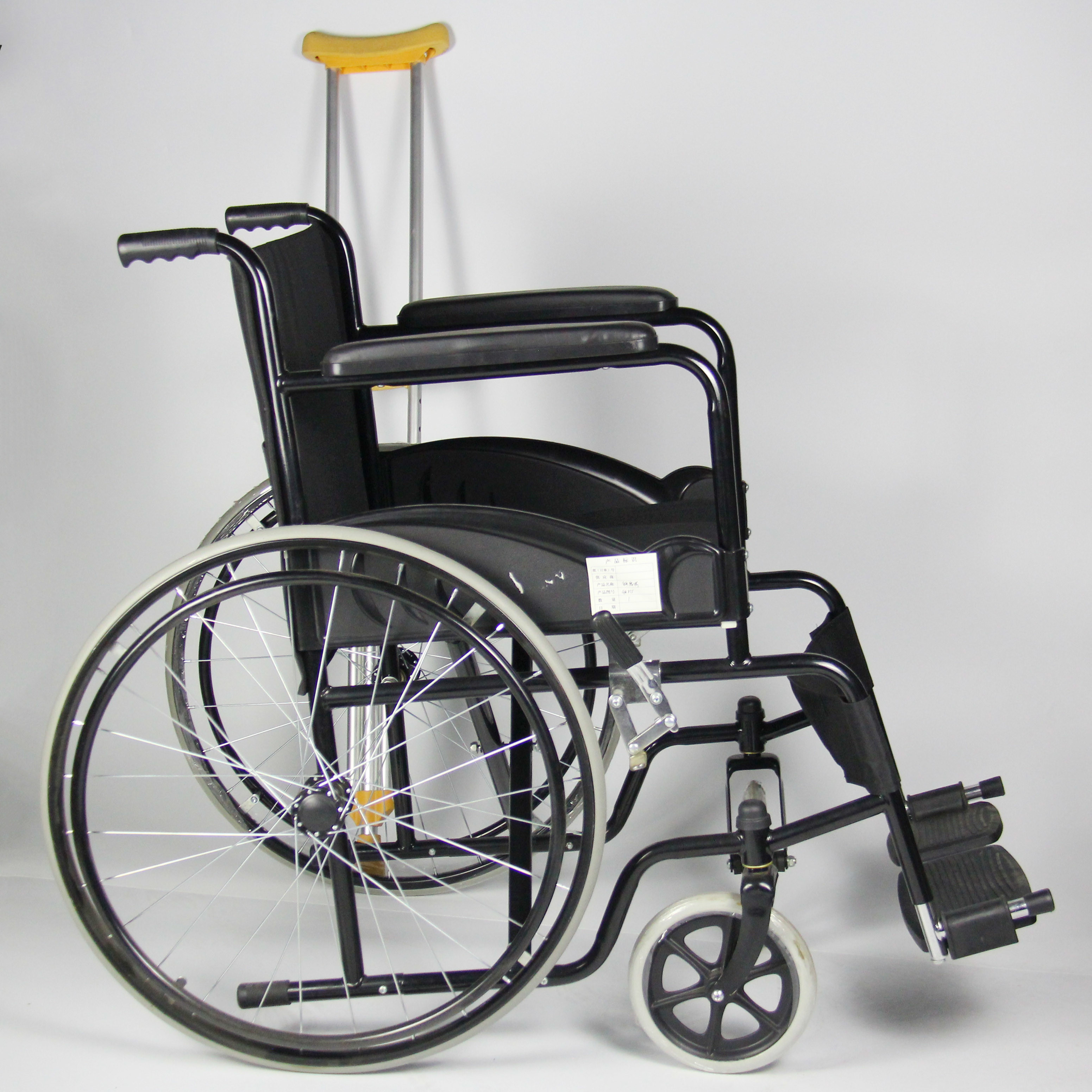 Solid Castor Folding Steel Wheelchair With Black Powder Coating Frame