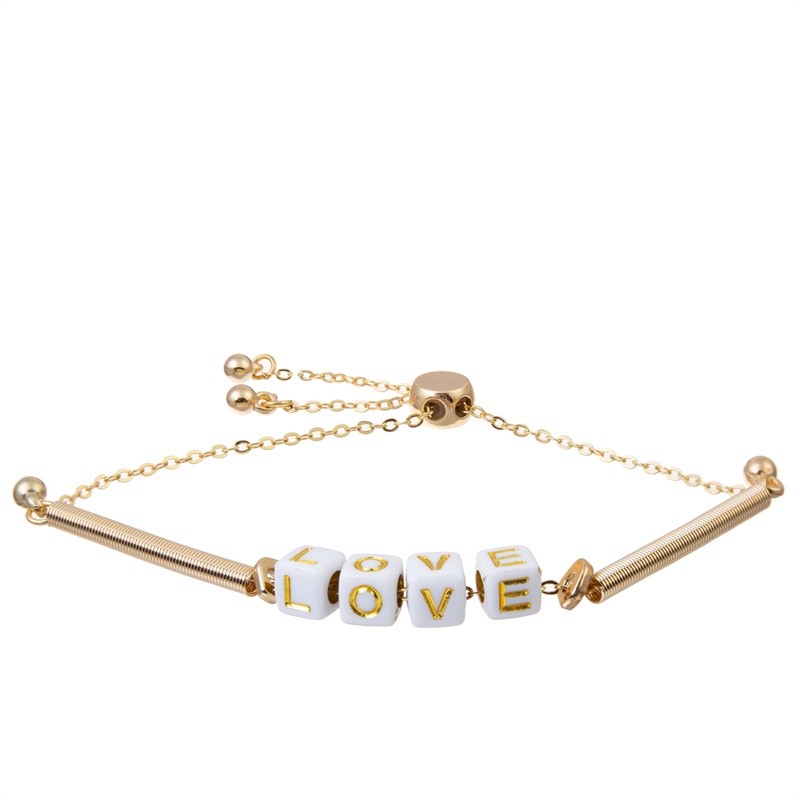 Boho Gold Chain Bracelets Pink Love Letter Beads Adjustable Hypoallergenic