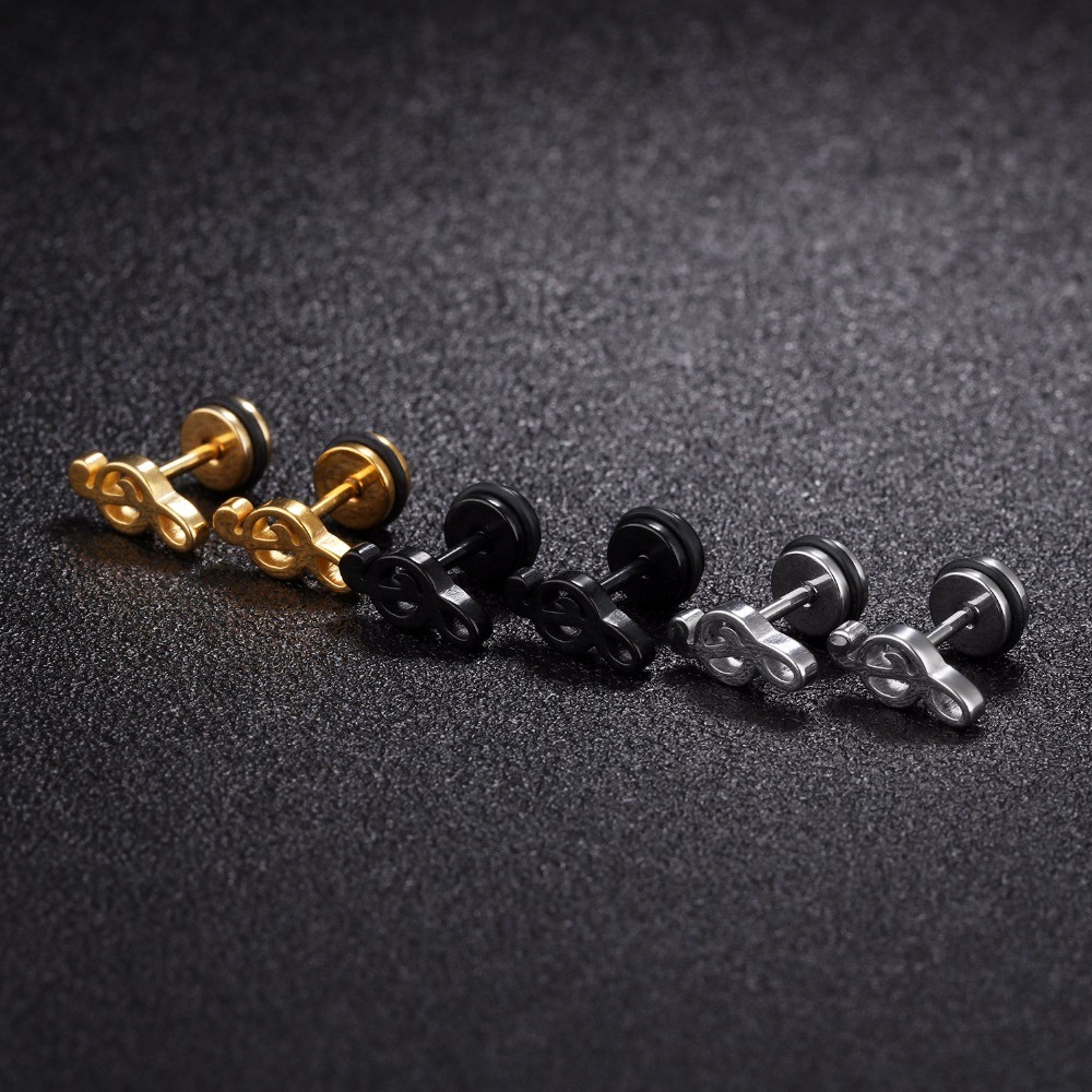 Fashion Music Note Stainless Steel Stud Earrings For Women men Gold /Black/steel Color Punk Female Daily Jewelry Gift