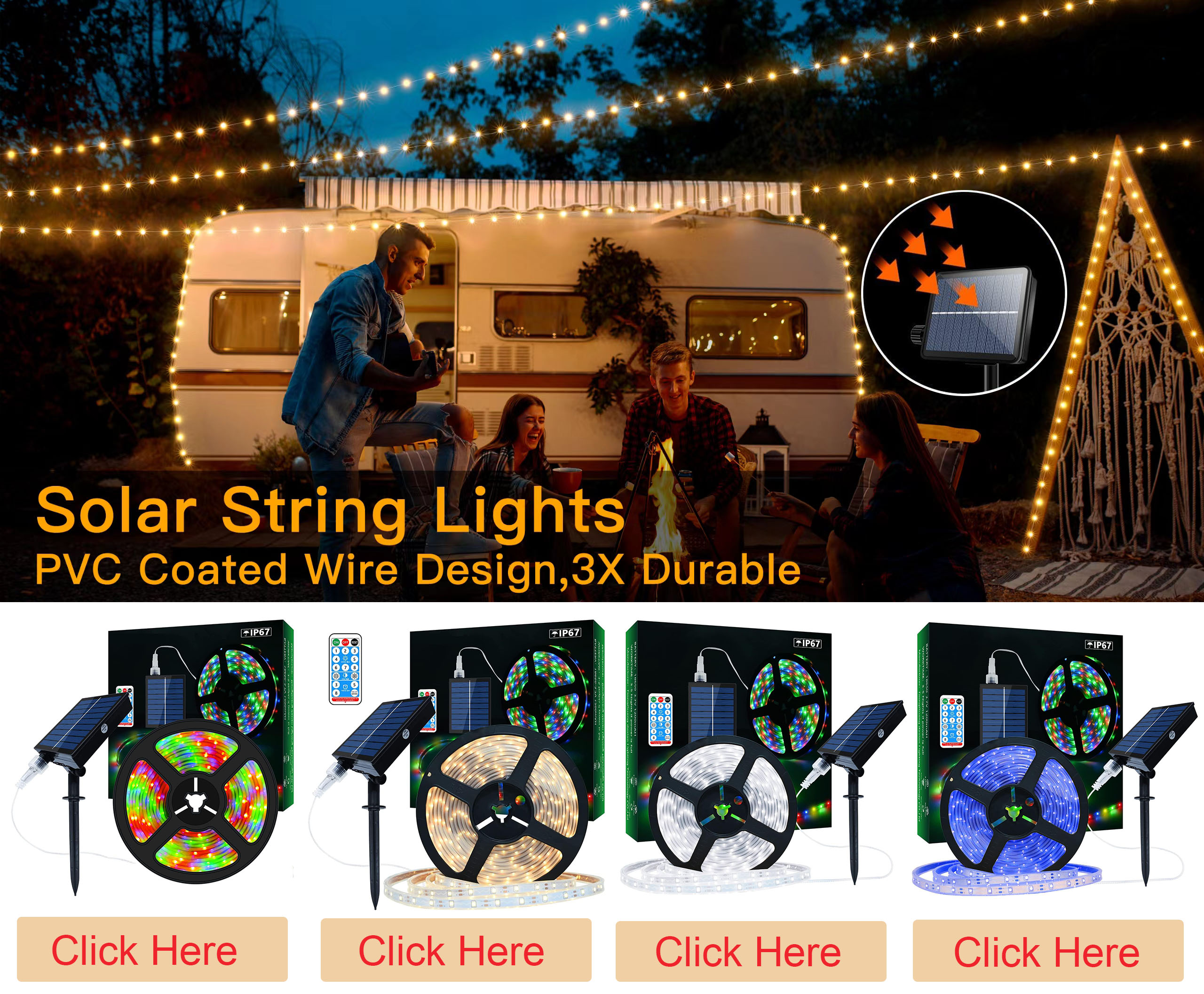 8 Mode Solar Strip Lights outdoor 3500K IP68 Water Resistant With Remote Control
