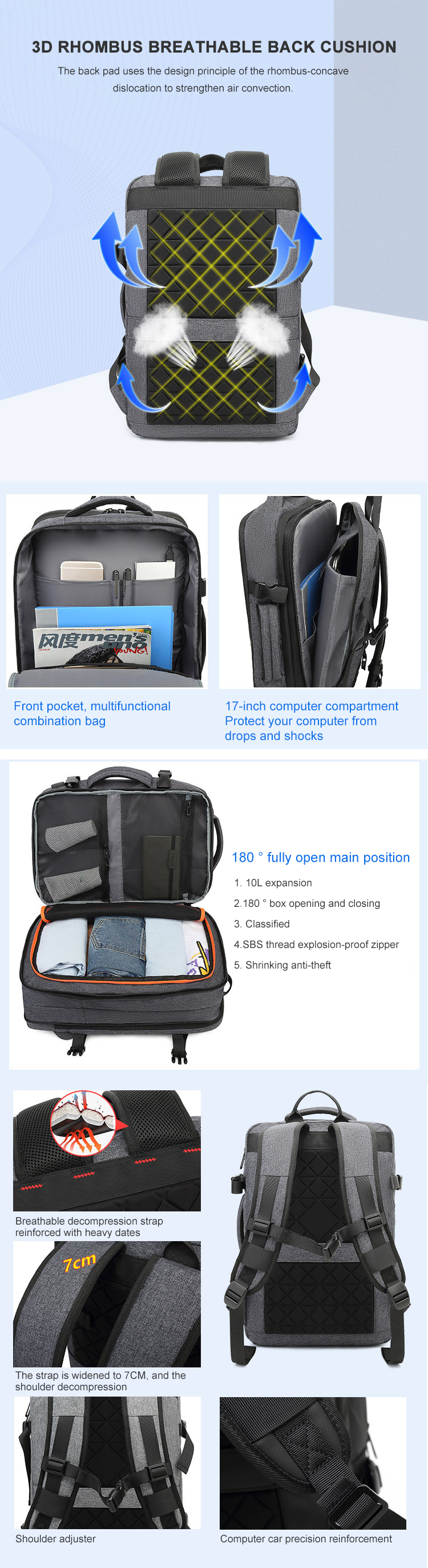 Multifunction Expandable Travel Nylon Laptop Backpack With USB
