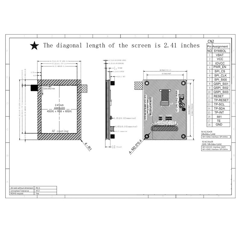 2.4 Inch AMOLED Oled Display 450x600 Resolution SPI/QSPI/MIPI Interface 750c/d Display Driving IC RM690B0