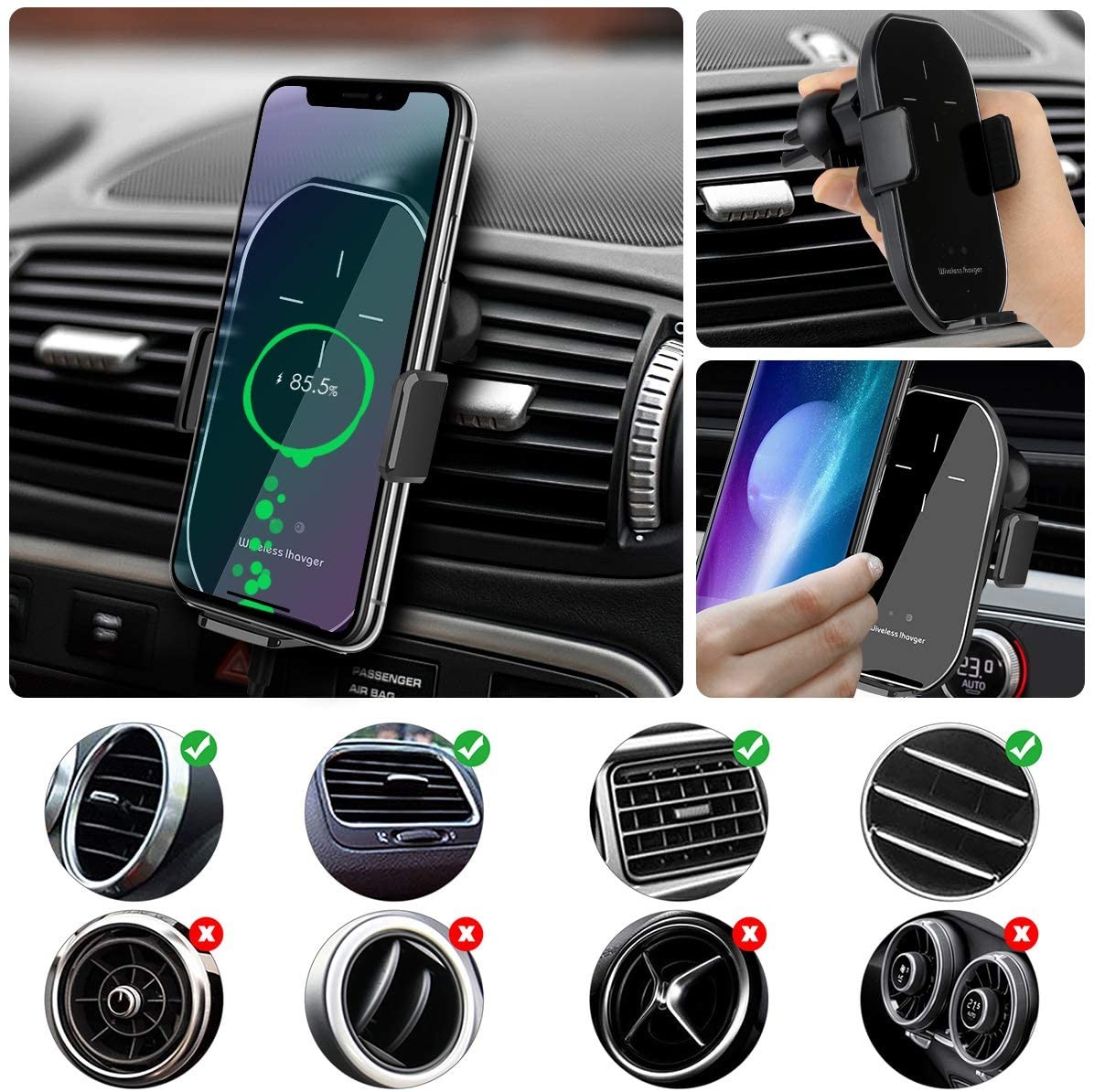 Wireless Car Charger Mount, 10W/7.5W Fast Charging, Adjustable Gravity Air Vent Phone Holder for Car Compatible with iPh