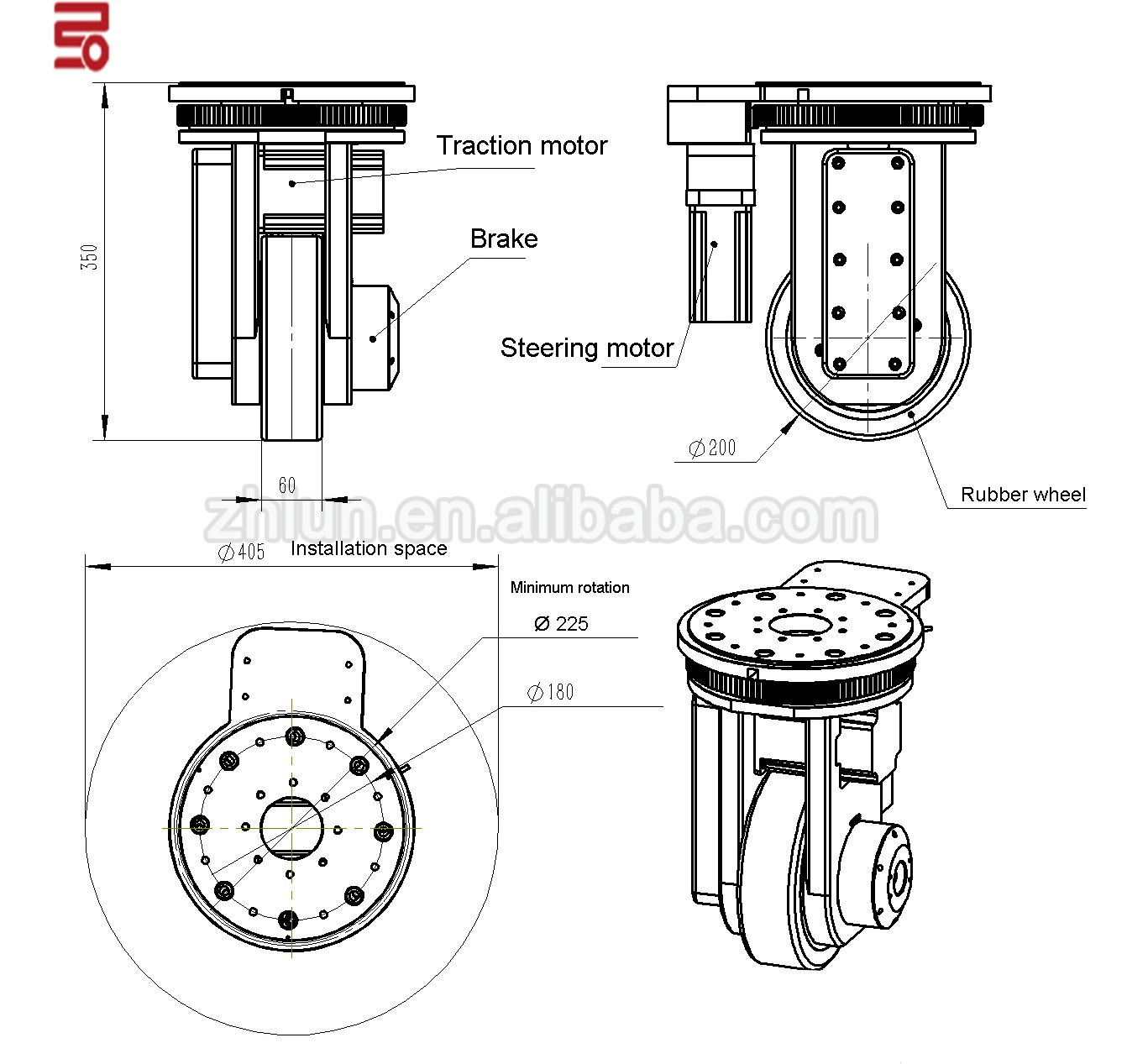 50m/Min Omni AGV Mecanum Wheel Electric Steering Assembly DC Motor