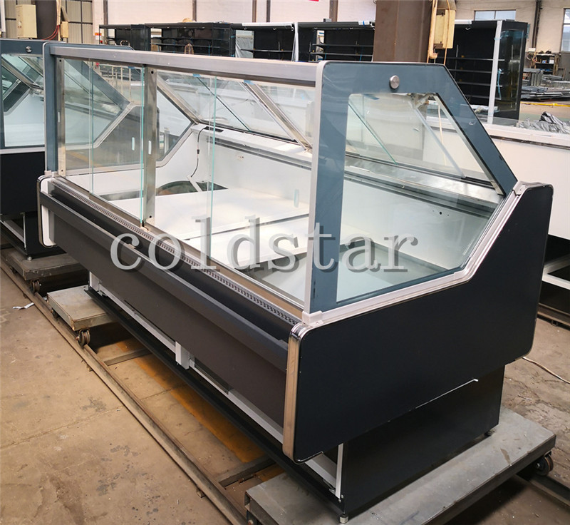 Supermarket deli refrigerator fresh meat display counter curved glass deli dispaly case