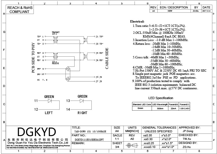 DGKYD111B510DB3A1DPT Single Port Horizontal RJ45 Connector Integrated Transformer Filter POE Bayonet Downward