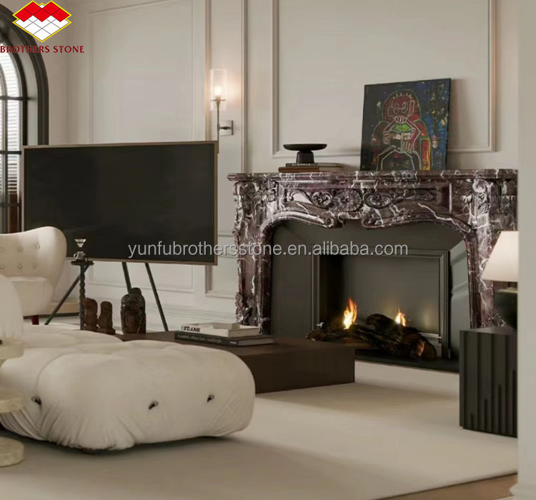 Indoor Stone Mantle for Modern Violet Marble Fireplace Surround in Luxury Living Room