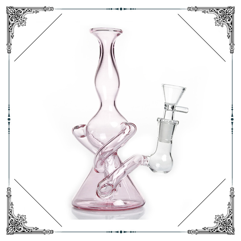 Pink Glass Recycler Bong 9 inch Glass Smoking Pipes 14.4mm Joint Hookah