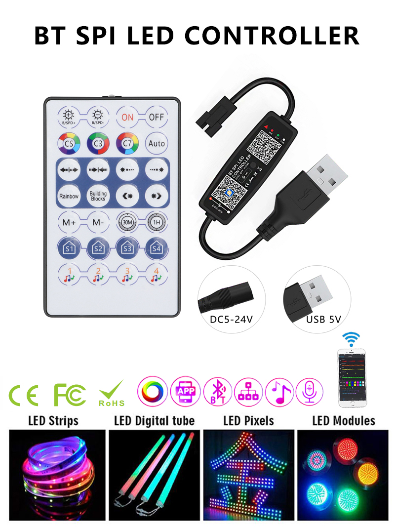 Mini USB 5V LED Strip Controller , Pixel LED Light Controller Bluetooth With RF Remote