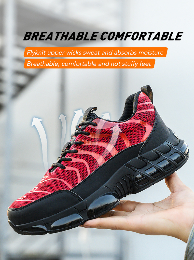 Flyknit Kevlar Air-cushioned Sole Safety Shoes For Industrial Workers In Orange Red Black