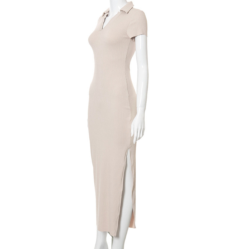 Polo Collar Hollow Backless High Waisted Maxi Dress Side Open