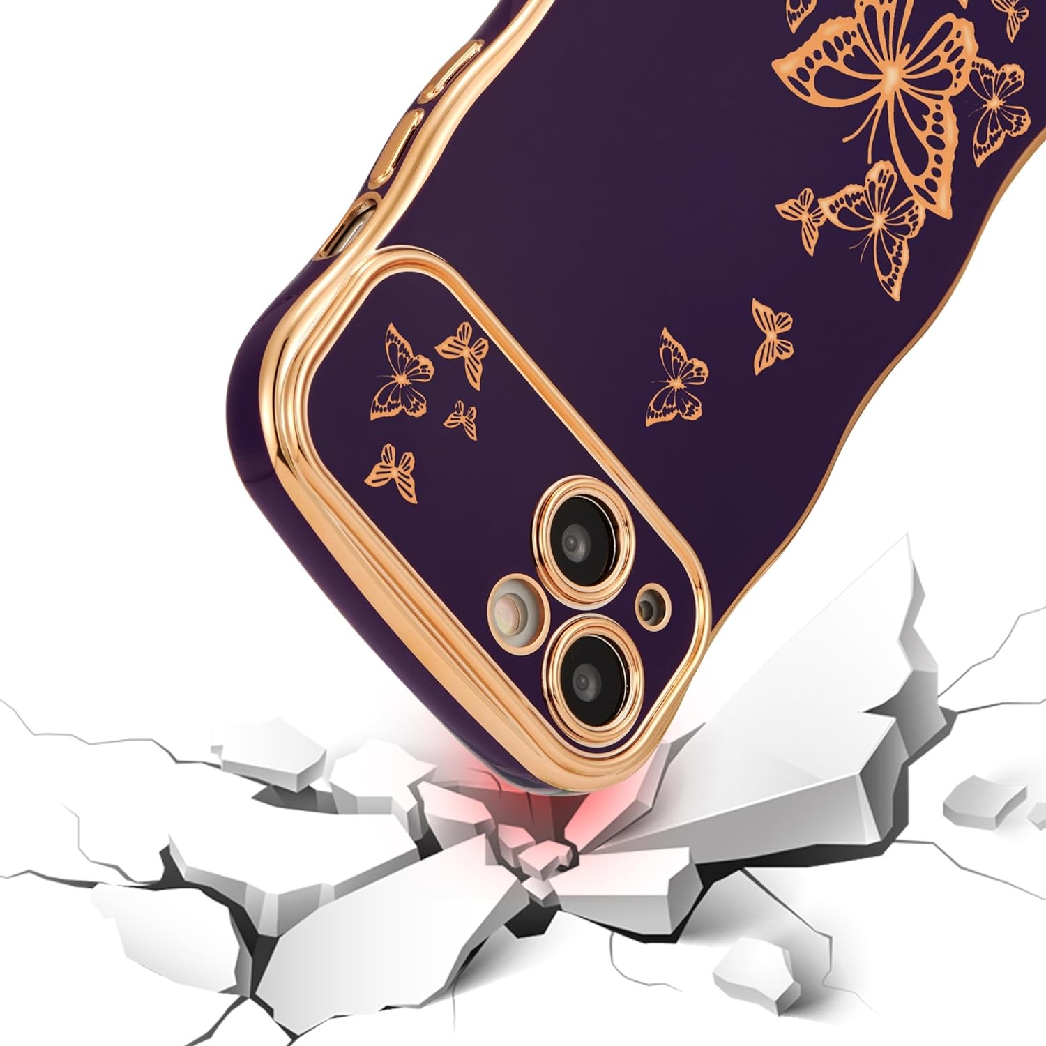 iPhone 13 girl phone case, curly wave frame, luxury plated butterfly pattern, TPU gold rim shock-proof lens protection