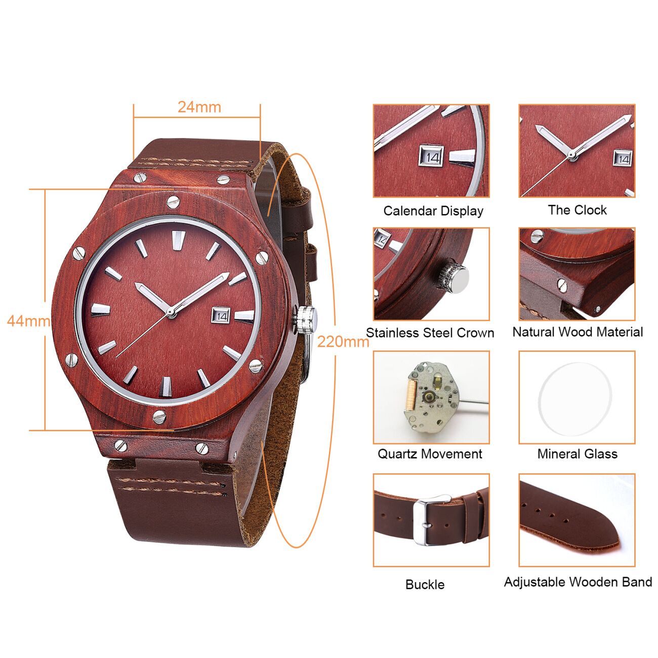 Analog Dial Display Custom Design Watches , Men'S Waterproof Wood Watch
