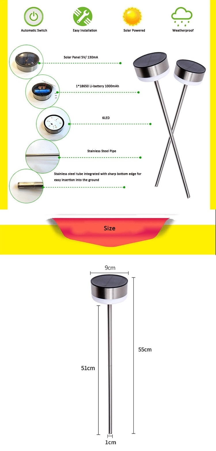 Solar Powered Outdoor Lawn Lights IP65 Weatherproof Stainless Steel Base 80Lm