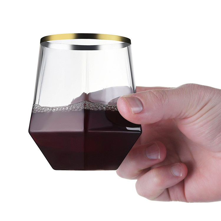 Cocktail Whiskey Diamond Stemless Plastic Wine Glasses 12oz Gold Rim