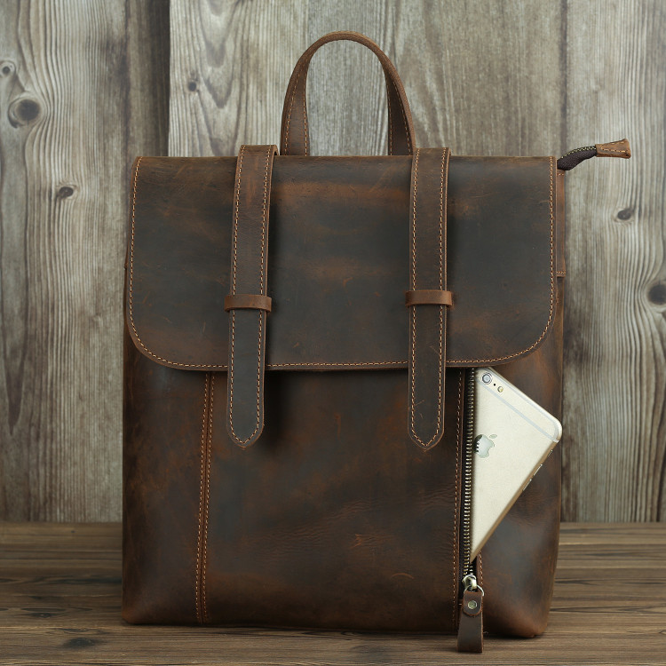 Crazy Horse Men Authentic Genuine Leather Backpack Purse
