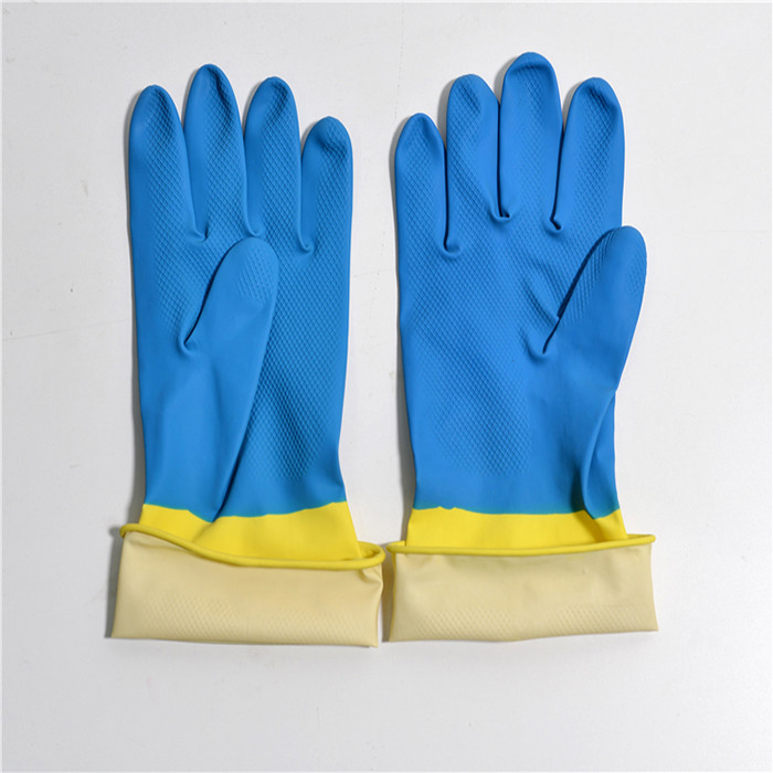 Bi-Color Hand Protective Flock Lined Rubber Gloves Anti-Oil Household Rubber Gloves