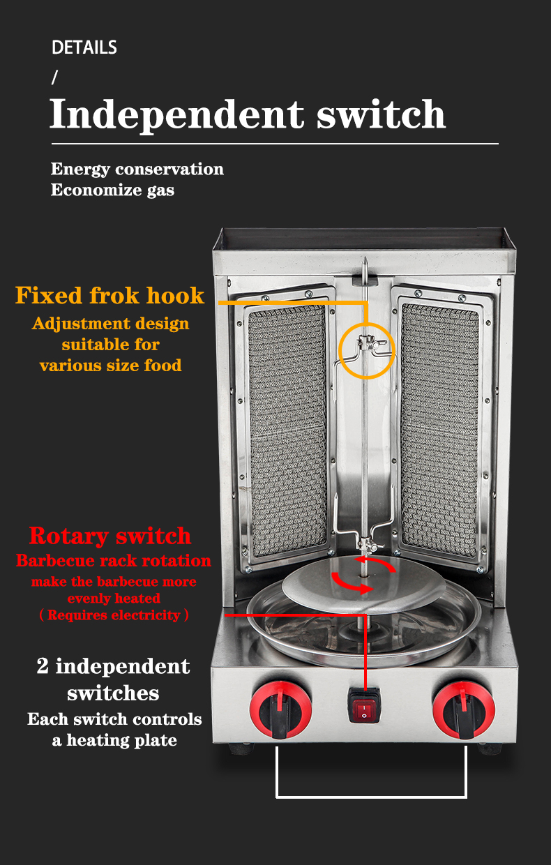 2 in1 Automatic Rotating Doner Kebab Machine for LPG 2800Pa 37x37.5x53.5cm Packing Size